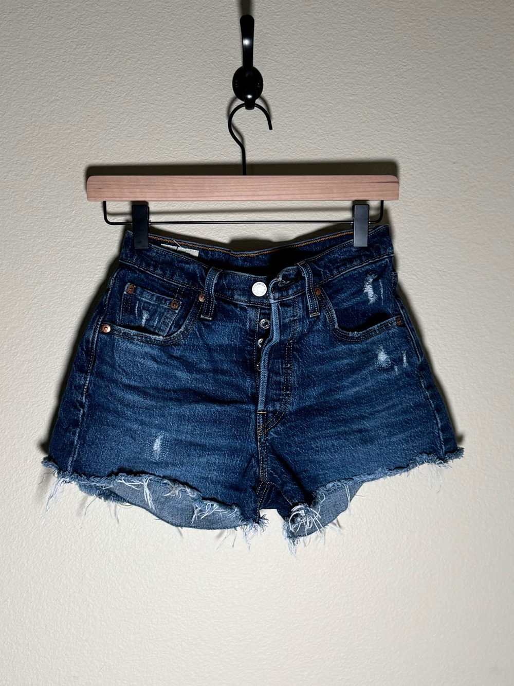 Levi's Dark Blue Distressed Denim Cutoff Shorts